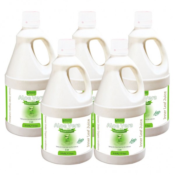 Bhumija Lifesciences Aloevera Fiber Rich Juice (Sugar Free) 1 Ltr. (Pack of Five)